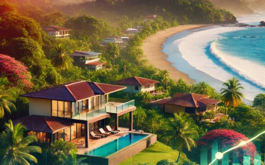 The image features a blend of beachfront properties, lush tropical.