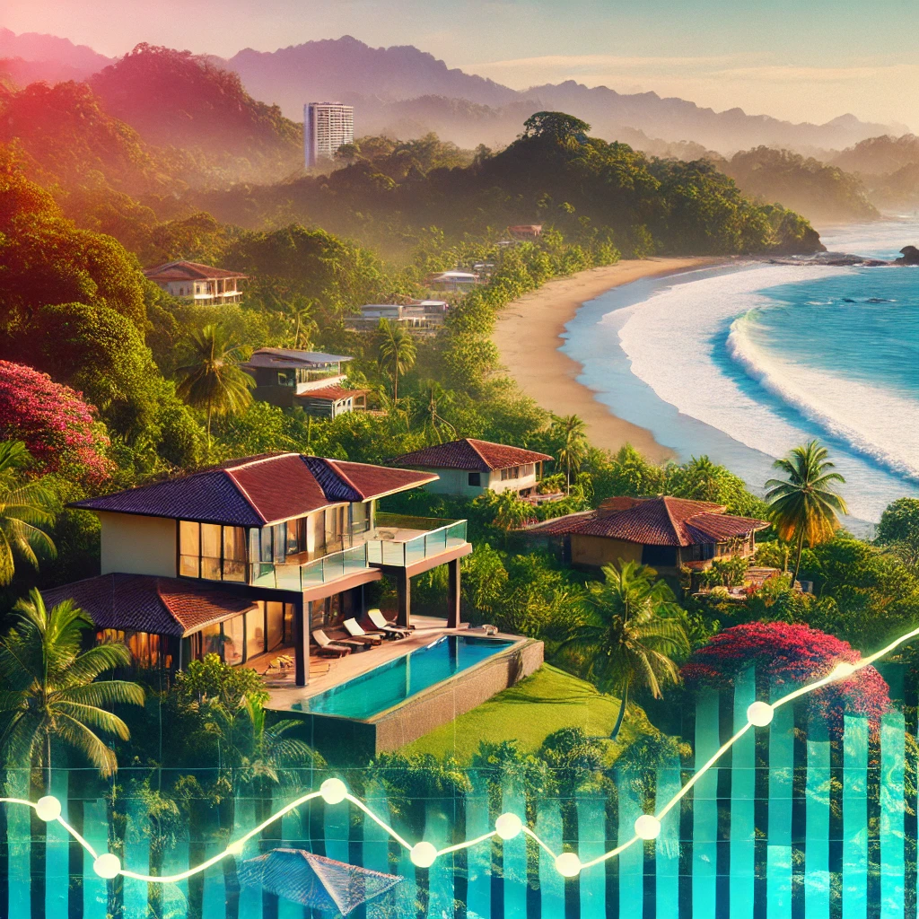 The image features a blend of beachfront properties, lush tropical. Showcasing Dominical real estate trends